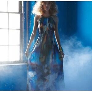 Anthropologie RANNA GILL TROPICALIA Blue Wedding Guest Gold Beaded Maxi DRESS‎ 2